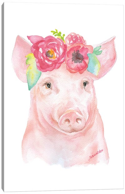 Pig With Flowers II Canvas Art Print - Susan Windsor