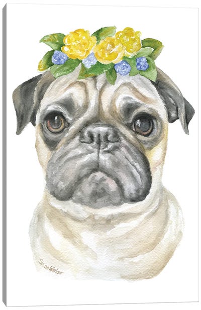 Pug With Flowers Canvas Art Print - Pug Art