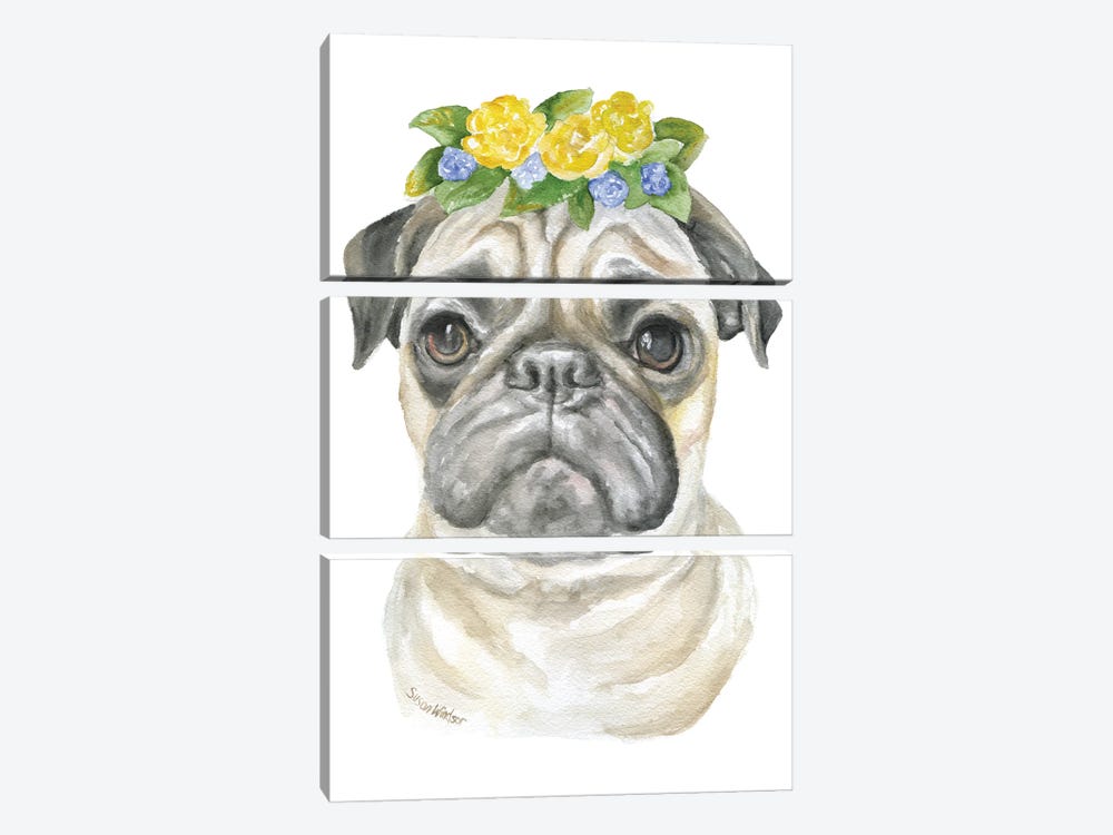 Pug With Flowers by Susan Windsor 3-piece Canvas Art Print