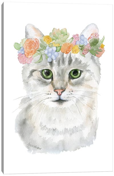 Tabby Cat With Floral Crown Canvas Art Print - Susan Windsor