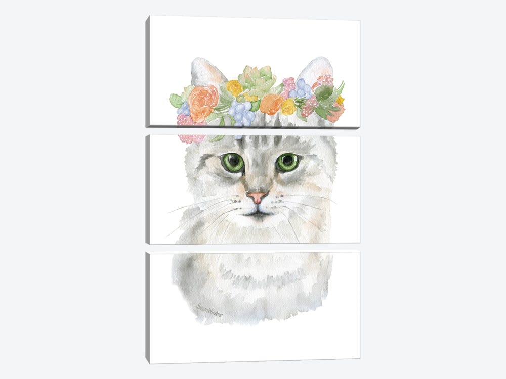 Tabby Cat With Floral Crown by Susan Windsor 3-piece Canvas Art
