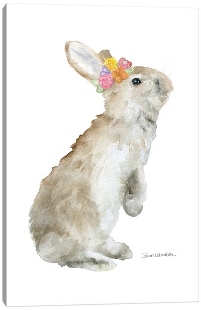 Tan Bunny Rabbit With Flowers Canvas Art Print - Easter Art