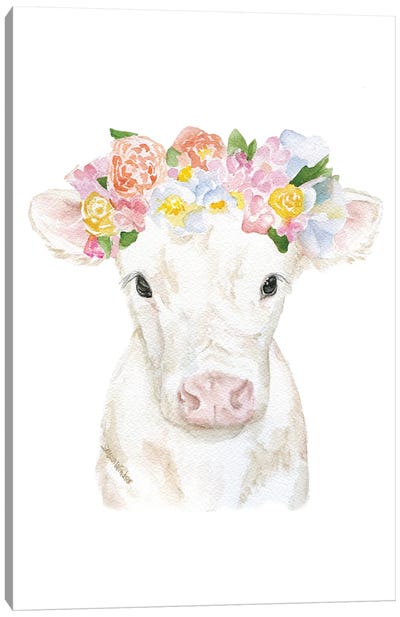 White Calf With Flowers Canvas Art Print - Susan Windsor