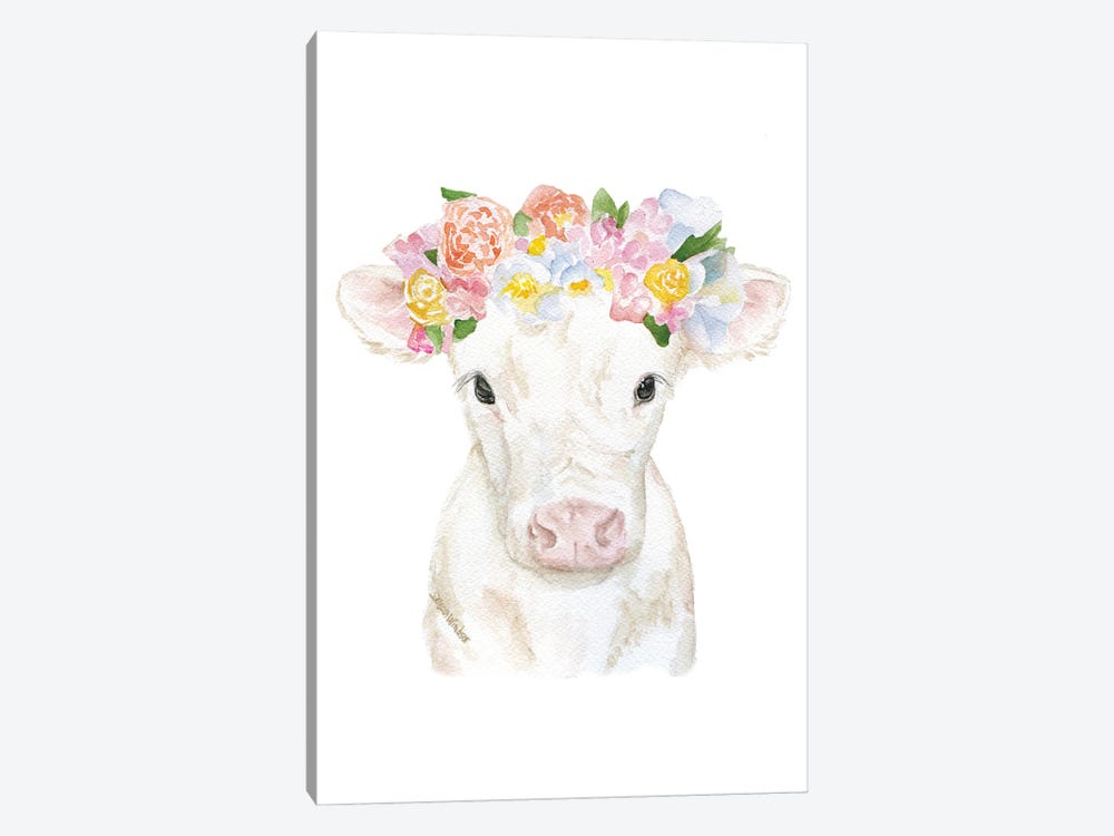 White Calf With Flowers by Susan Windsor 1-piece Canvas Art Print