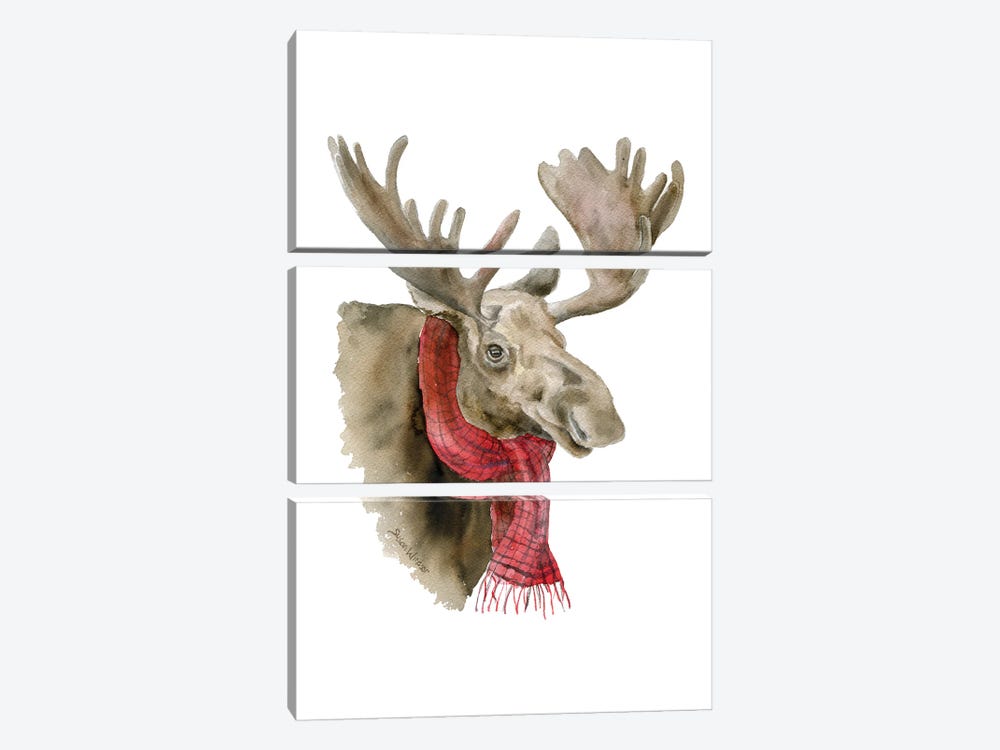 Moose With A Red Scarf by Susan Windsor 3-piece Canvas Art Print