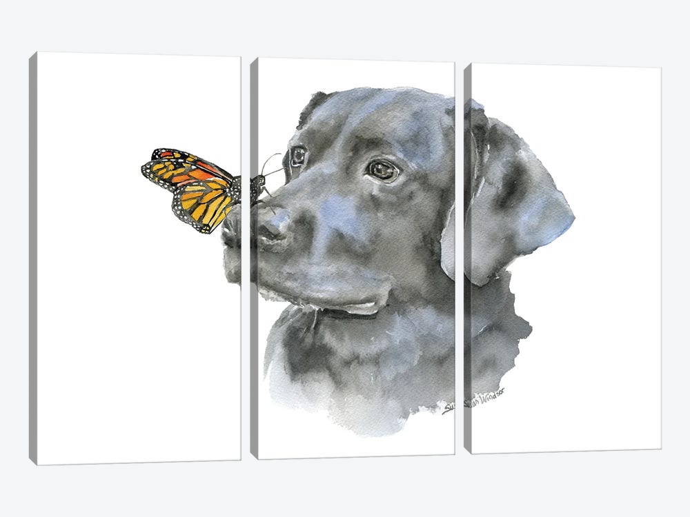 Black Lab With A Monarch Butterfly by Susan Windsor 3-piece Canvas Wall Art