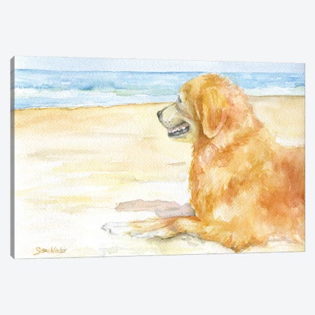 Golden Retriever On The Beach Canvas Print #SWO78} by Susan Windsor Art Print
