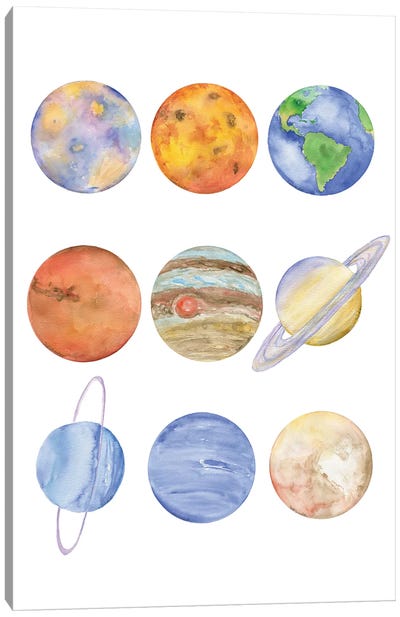 Nine Planets Watercolor Canvas Art Print - Solar System Art