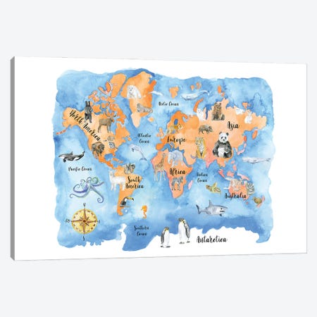 Animals World Map Canvas Print #SWO9} by Susan Windsor Canvas Art