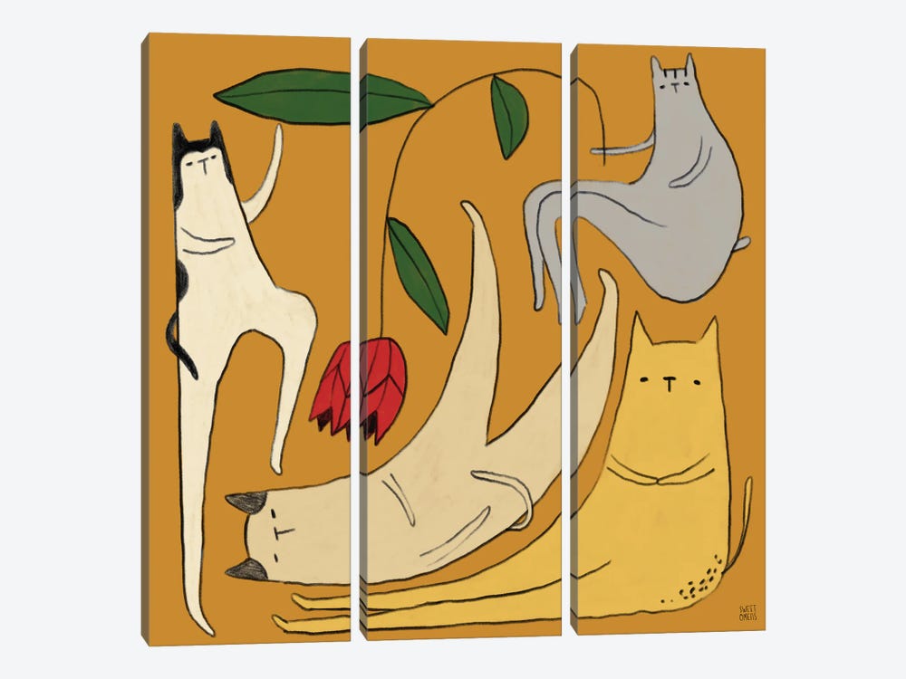 Cats And Tulips by Sweet Omens 3-piece Art Print