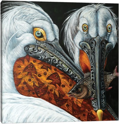 Pelicans Canvas Art Print - Embellished Animals