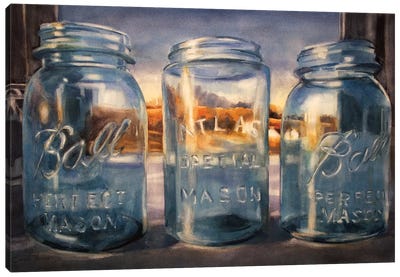 Ball Jars And Sunset Canvas Art Print - Intricate Watercolors