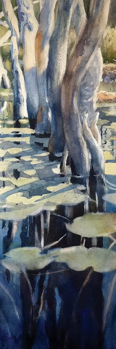 Driftwood And Lilies by Sarah Yeoman framed canvas print