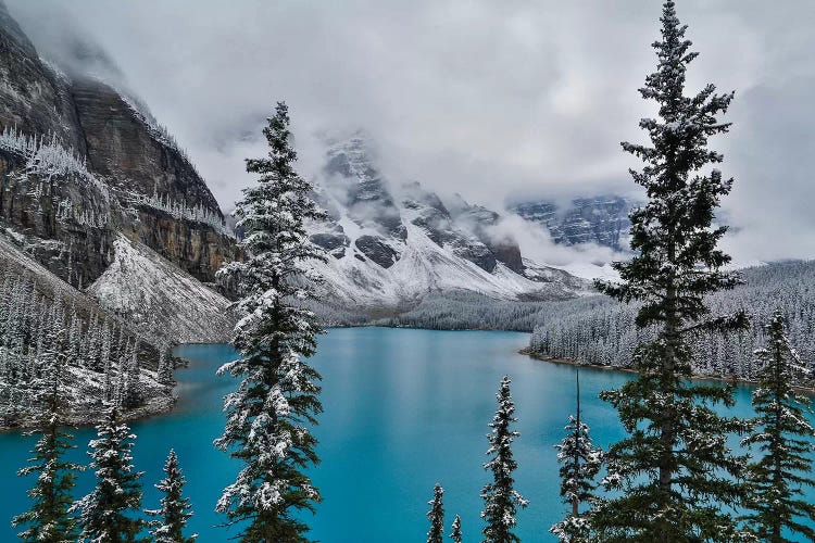 Lake Moraine with fresh late summer snow Banff National Park, Alberta, Canada