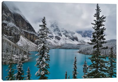 Lake Moraine with fresh late summer snow Banff National Park, Alberta, Canada Canvas Art Print