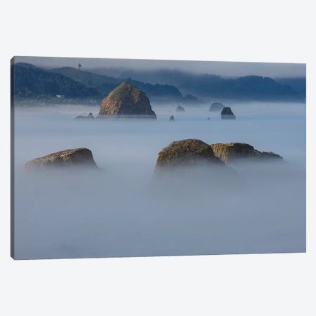 View of Cannon Beach with sea stacks with rising fog from Ecola State Park Canvas Print #SYG3} by Sylvia Gulin Canvas Artwork