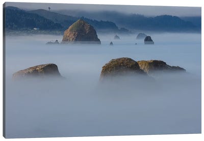 View of Cannon Beach with sea stacks with rising fog from Ecola State Park Canvas Art Print