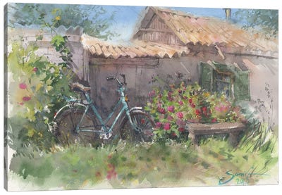 Bike Near The Fence In Flowers In Nature Canvas Art Print - Countryside Art