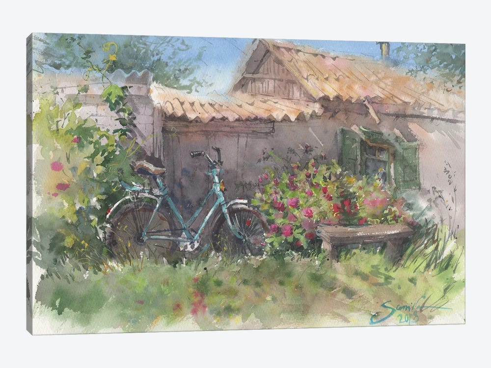 Bike Near The Fence In Flowers In Nature by Samira Yanushkova 1-piece Canvas Print