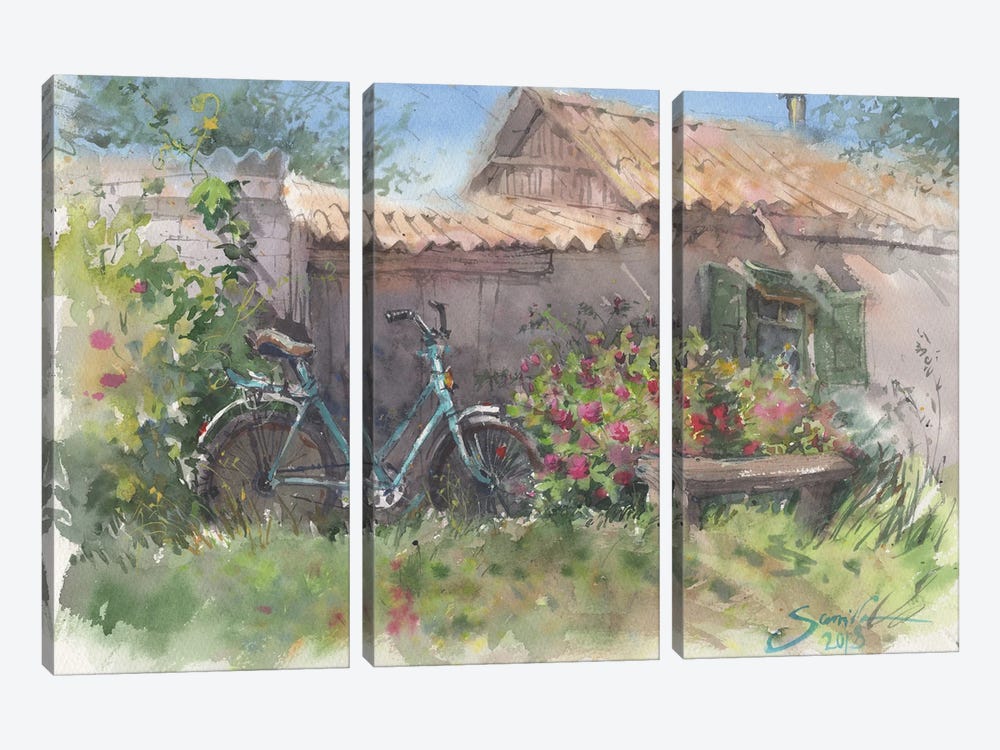 Bike Near The Fence In Flowers In Nature by Samira Yanushkova 3-piece Canvas Print