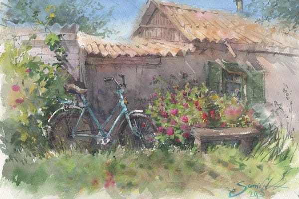 Samira Yanushkova: Bike Near The Fence In Flowers In Nature by Samira Yanushkova