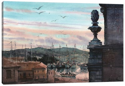 Port In Italy Seascape Canvas Art Print - Intricate Watercolors