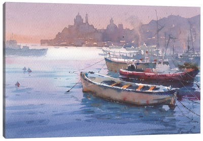 Yachts On The Shore Canvas Art Print - Samira Yanushkova