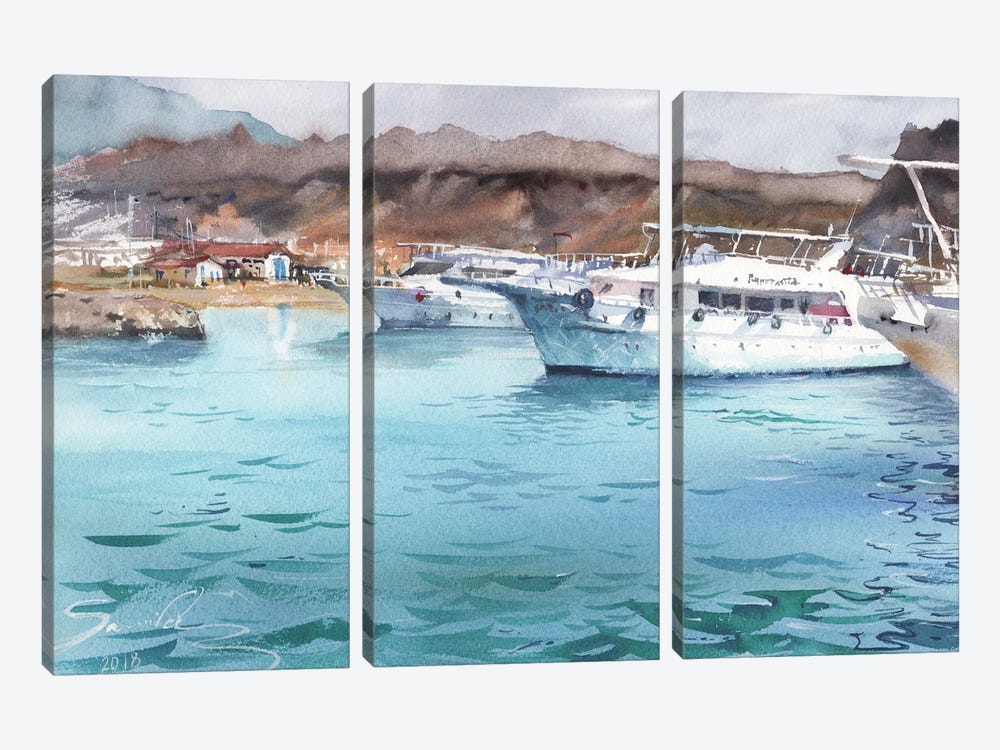 Yachts In The Sea by Samira Yanushkova 3-piece Canvas Wall Art