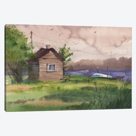House By The River With A Boat Canvas Print #SYH262} by Samira Yanushkova Canvas Wall Art