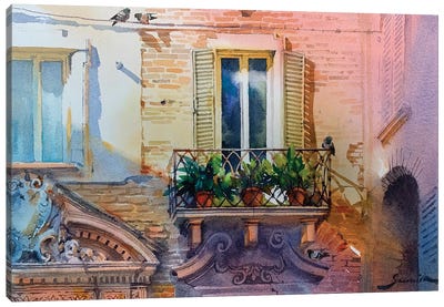 Balcony With Flowers Canvas Art Print - Intricate Watercolors