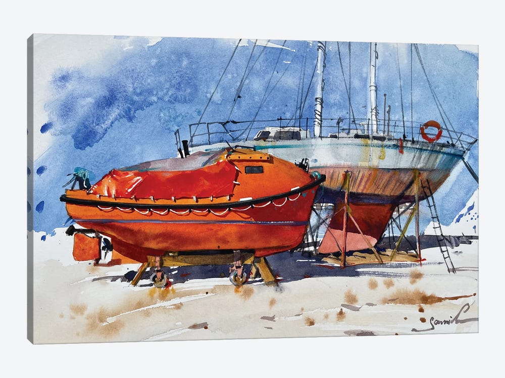 Red Yacht On The Shore by Samira Yanushkova 1-piece Canvas Wall Art