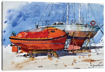 Red Yacht On The Shore Canvas Art Print - Samira Yanushkova