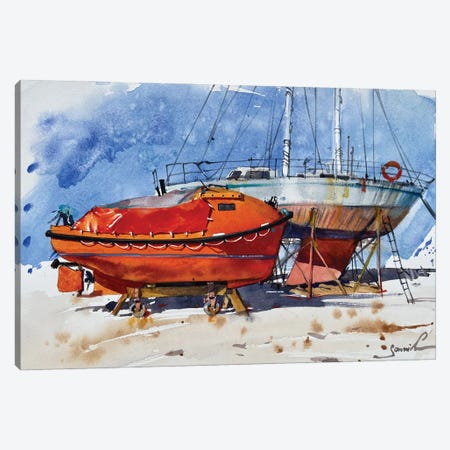 Red Yacht On The Shore Canvas Print #SYH337} by Samira Yanushkova Canvas Art Print