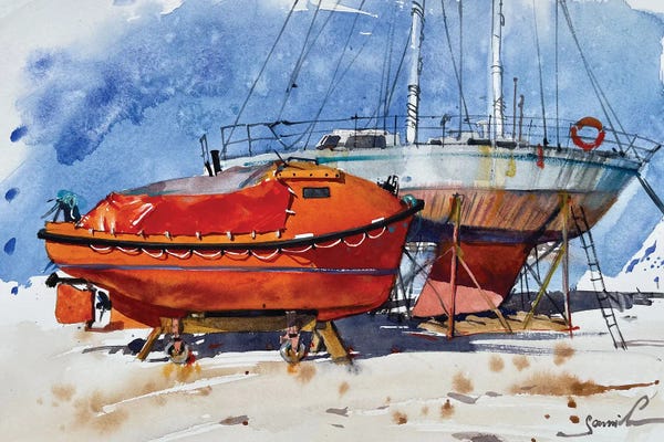Samira Yanushkova: Red Yacht On The Shore by Samira Yanushkova