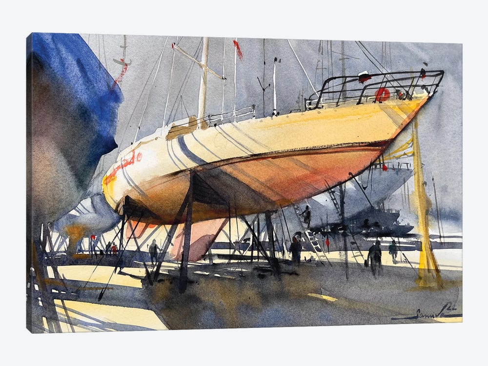 Yachts Painting Watercolor by Samira Yanushkova 1-piece Canvas Art