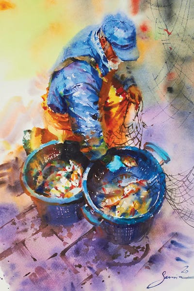 Intricate Watercolors: Fisherman by Samira Yanushkova