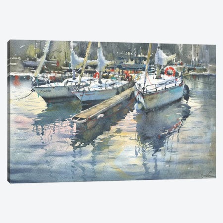 Yachts In The Port. Watercolor Aquarelle Painting Canvas Print #SYH402} by Samira Yanushkova Canvas Wall Art