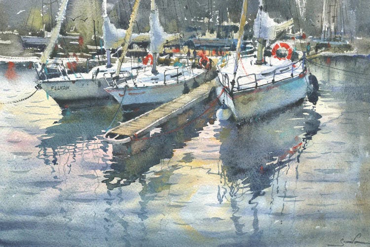 Yachts In The Port. Watercolor Aquarelle Painting