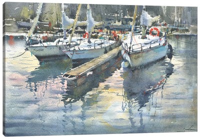 Yachts In The Port. Watercolor Aquarelle Painting Canvas Art Print - Yacht Art