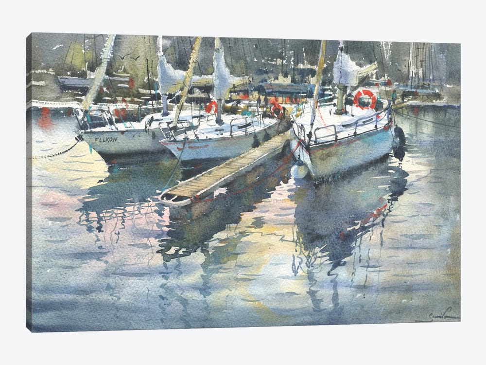 Yachts In The Port. Watercolor Aquarelle Painting by Samira Yanushkova 1-piece Canvas Art Print