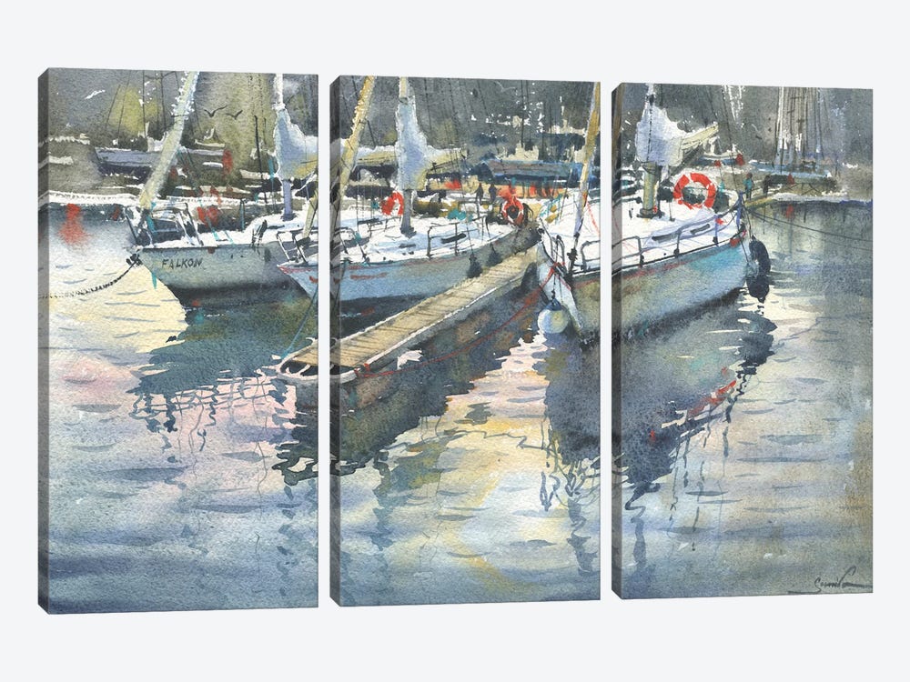 Yachts In The Port. Watercolor Aquarelle Painting by Samira Yanushkova 3-piece Canvas Print