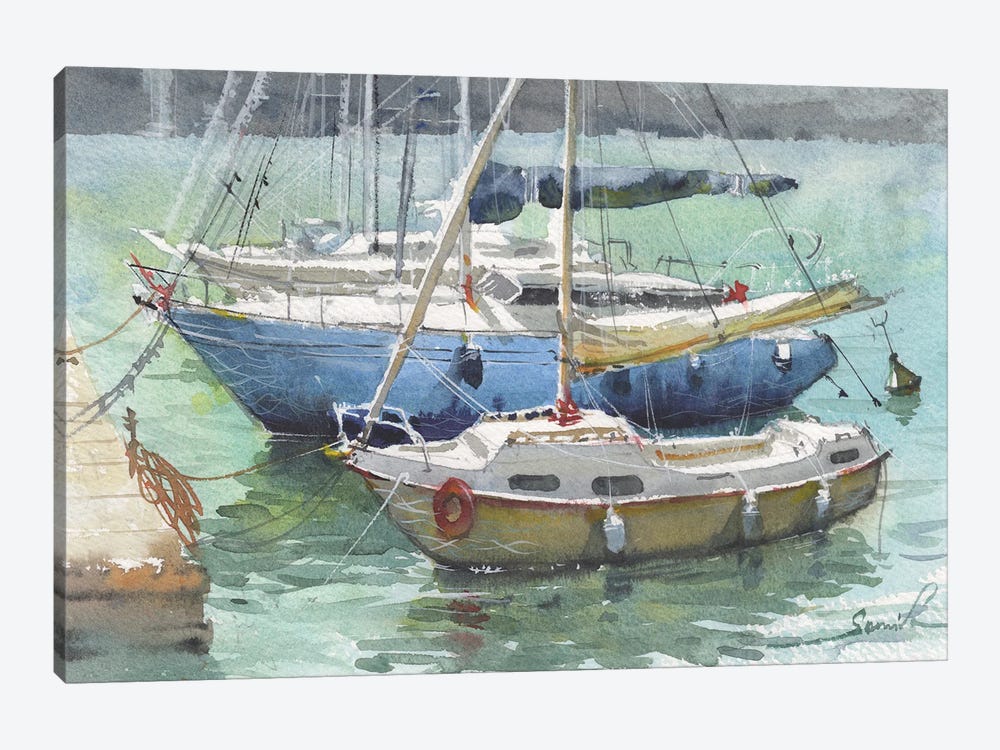 Yachts Seascape Watercolor Painting by Samira Yanushkova 1-piece Canvas Art