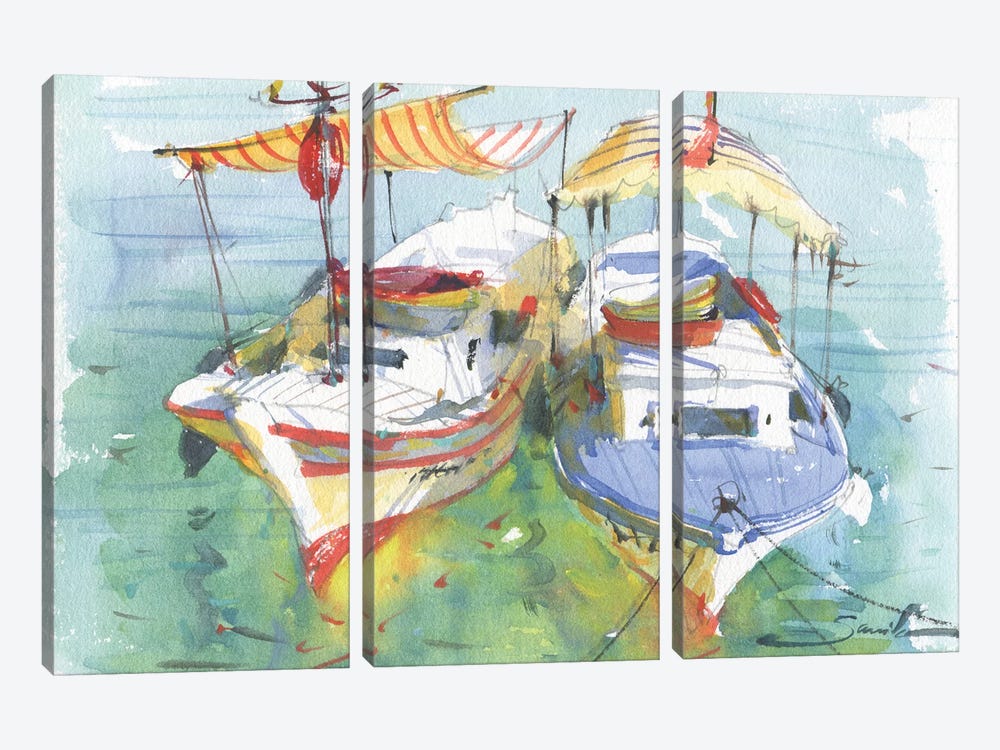 Yachts Watercolor Painting Art by Samira Yanushkova 3-piece Canvas Artwork