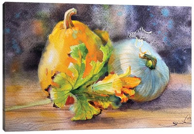 Rural Still Life Watercolor Canvas Art Print - Pumpkins