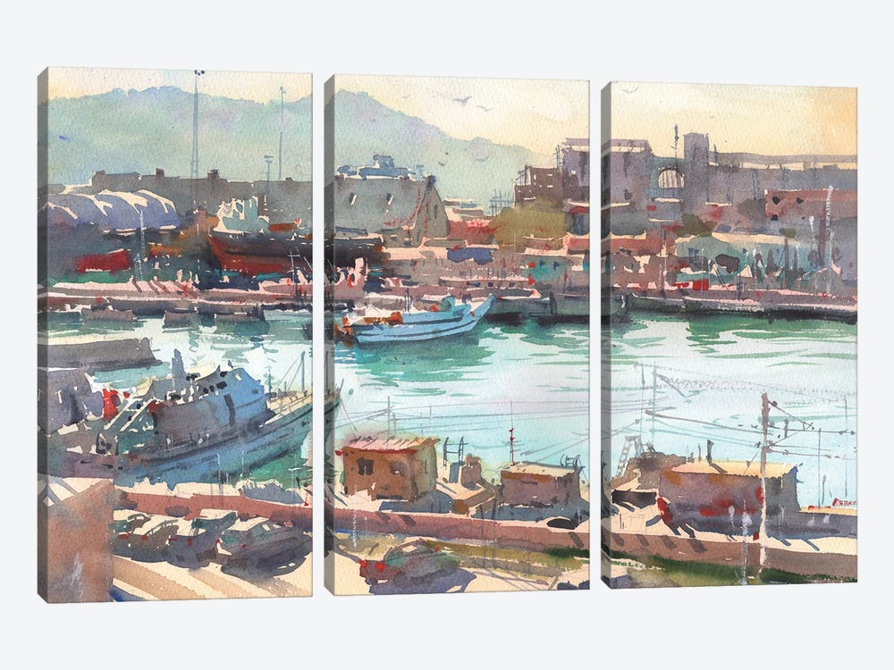 Port In Italy. Seascape Painting by Samira Yanushkova 3-piece Canvas Art Print