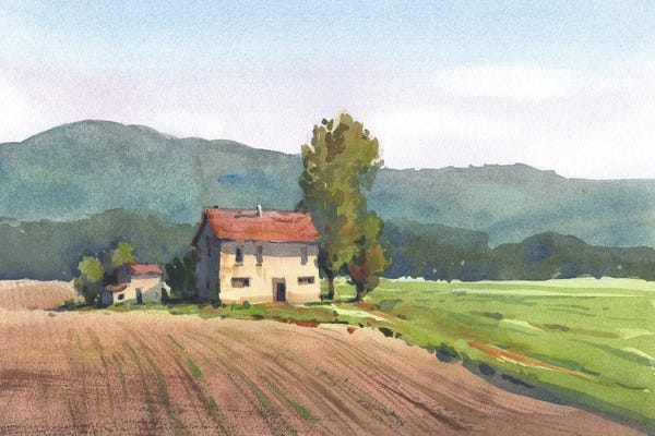 Cozy Cottage: Landscape Painting Watercolor Italy by Samira Yanushkova