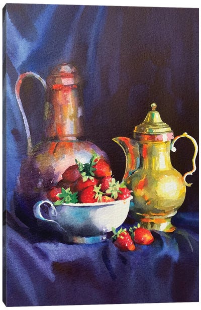 Still Life With Strawberries Canvas Art Print - Intricate Watercolors