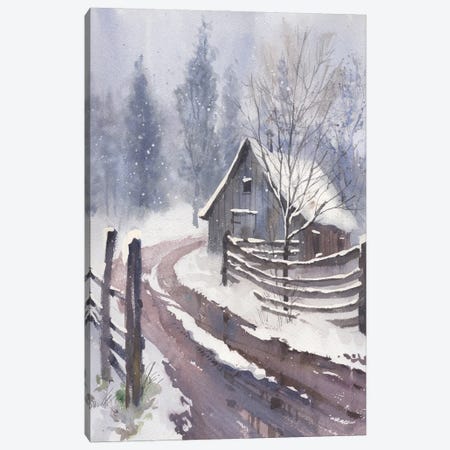 Snow Art Original Watercolor Winter Landscape Painting Canvas Print #SYH48} by Samira Yanushkova Canvas Art