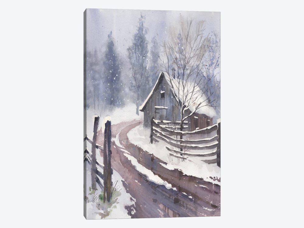 Snow Art Original Watercolor Winter Landscape Painting by Samira Yanushkova 1-piece Canvas Art
