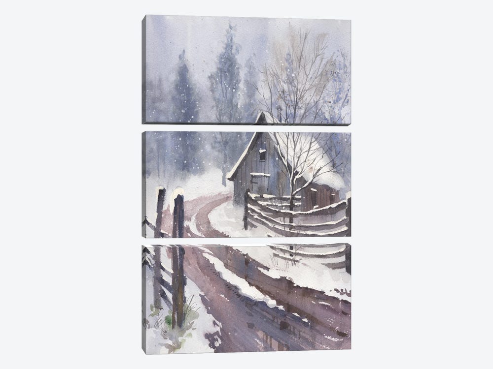 Snow Art Original Watercolor Winter Landscape Painting by Samira Yanushkova 3-piece Canvas Art